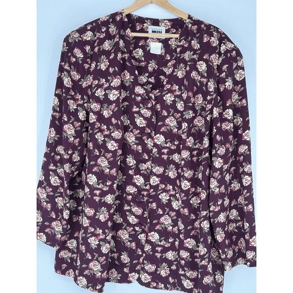 Vtg Leslie Fay Blouse Womens Plus 22W Button Up Roses 3/4 Sleeves 80's V-neck - Picture 1 of 6